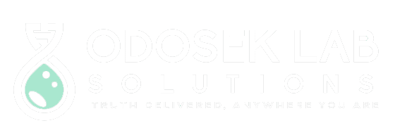 Logo for Odosek Lab Solutions on a turquoise background. It features a stylized DNA strand and cell icon. The tagline reads: "Truth delivered, anywhere you are.