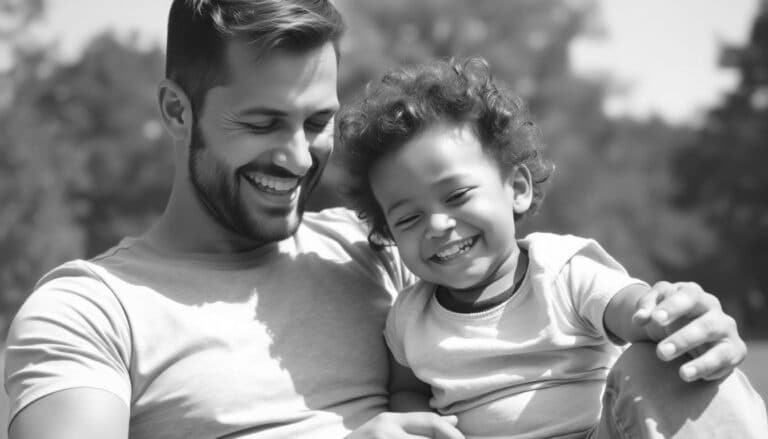 A black and white photo captures a man and child sitting close together outside, joyfully smiling. The child is nestled on the man's lap amidst blurred trees, embodying a bond stronger than even what DNA paternity testing might reveal.