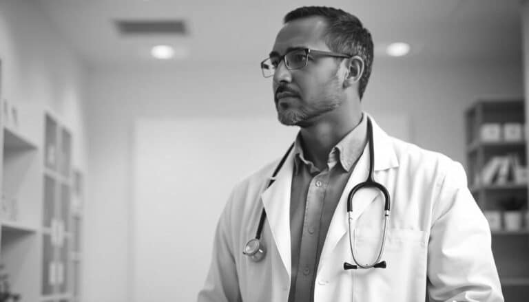 A doctor wearing a white coat and a stethoscope around his neck stands thoughtfully in a medical office, perhaps contemplating the positive effects of DNA testing. Shelves with books and boxes fill the background. The image is in black and white.