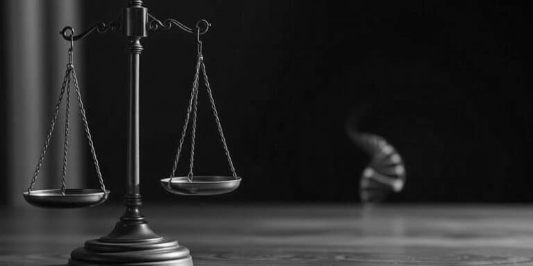 A black-and-white image of a balance scale on a wooden surface, symbolizing justice, with a blurred DNA double helix in the background on the right—highlighting Why DNA Testing Required In Court for fair verdicts.