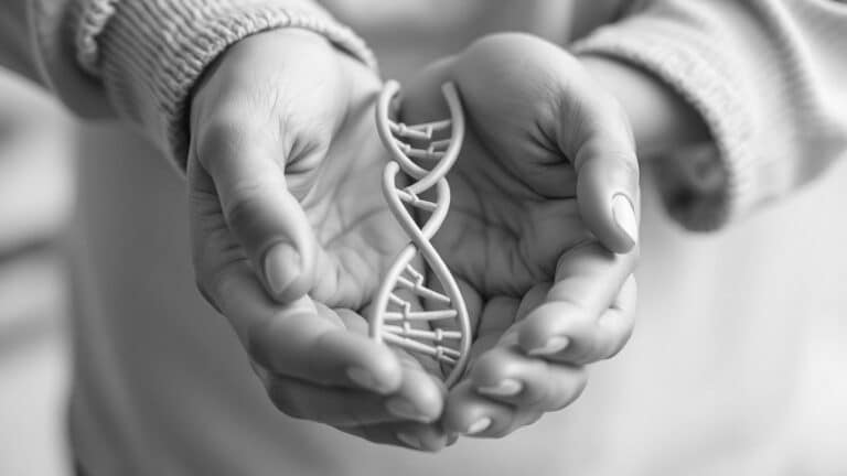 A person gently holds a small DNA double helix model in their cupped hands, symbolizing care and genetic science—evoking the question: How accurate are legal paternity DNA tests? The image is in black and white.