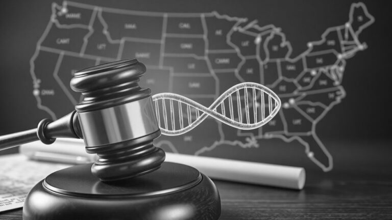 DNA helix and gavel in a courthouse setting